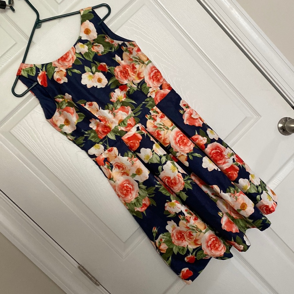 R&K navy and peach floral, sleeveless dress